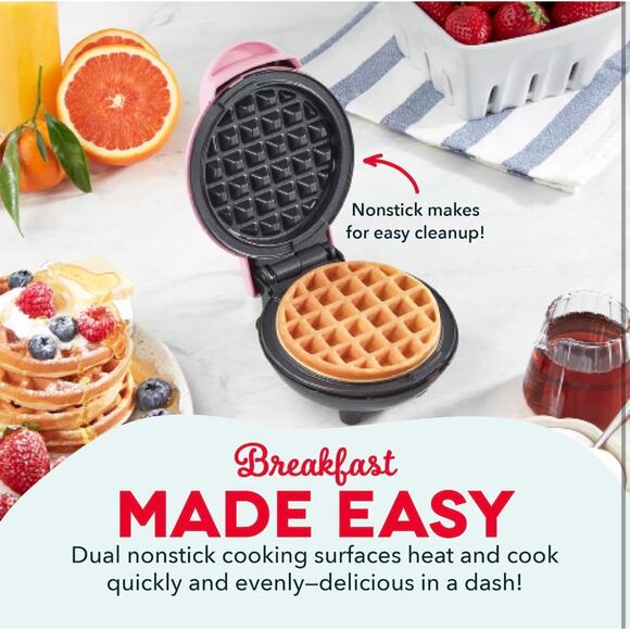 NIB DASH Mini Maker for Individual Waffles, Non-Stick Surfaces, 4 Inch, Pink - Picture 4 of 6